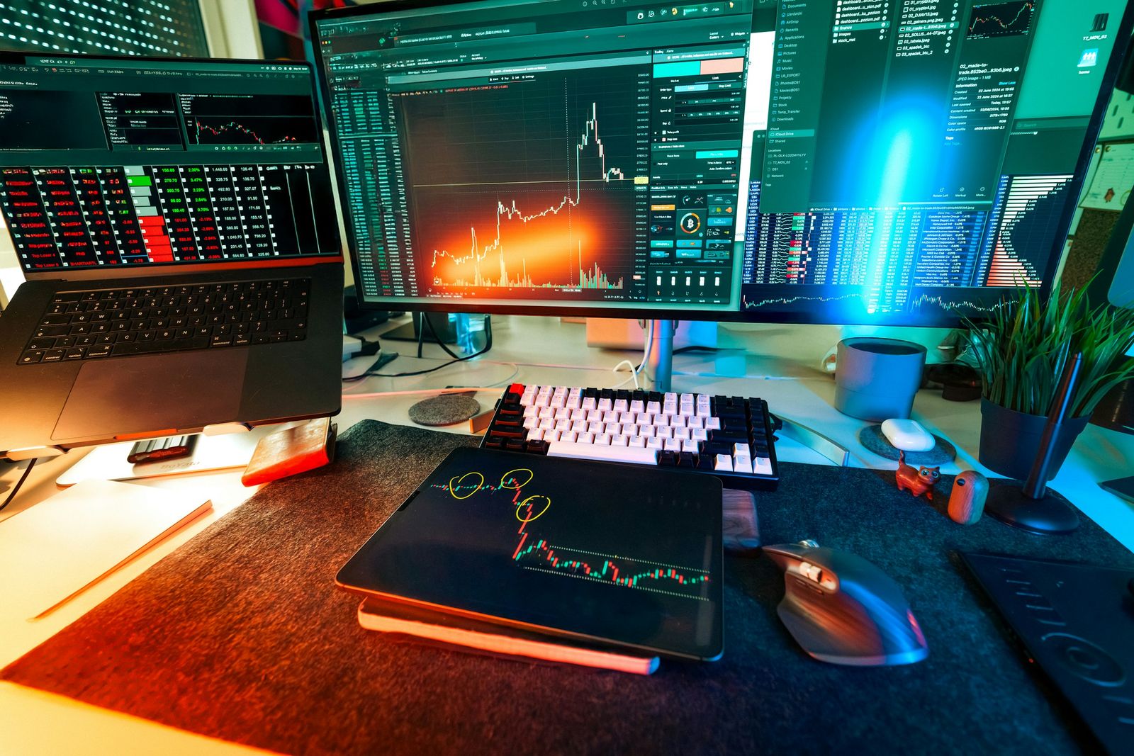 Desk with a laptop and large monitors showing live market charts, lit in blue and orange