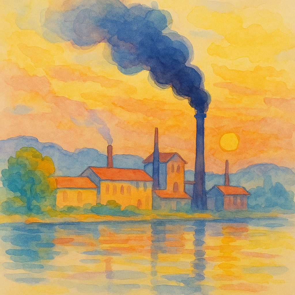 Impressionist-style illustration of a lakeside factory with a tall chimney under a yellow sunrise, reflected in the water